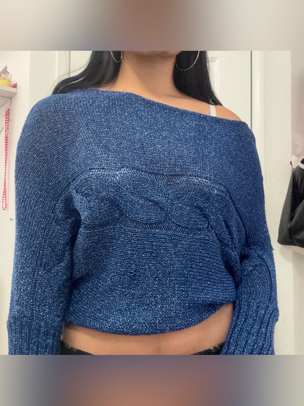 Cozy Off-the-Shoulder Cable Knit Sweater - Navy Blue